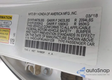2018 Honda Accord Touring 2.0T from USA, damaged, VIN 1HGCV2F90JA031228